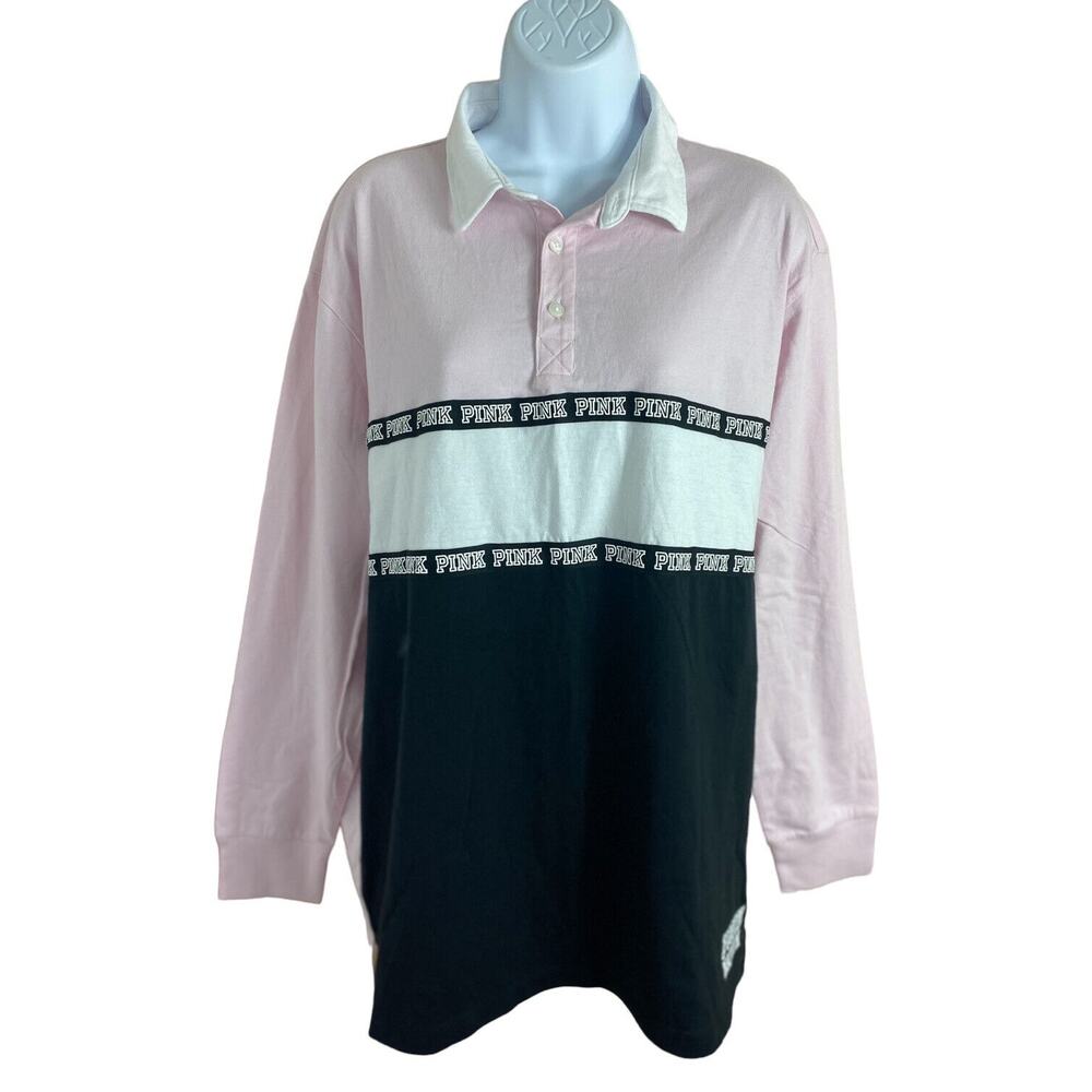 Victoria's Secret Pink Top Sz Large Button Henley Shirt Long-Sleeve Pink Black